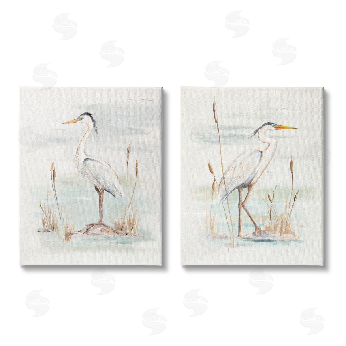 Patricia Pinto Elegant Heron Birds Cattails Plants In Water  Canvas Wall Art Print
