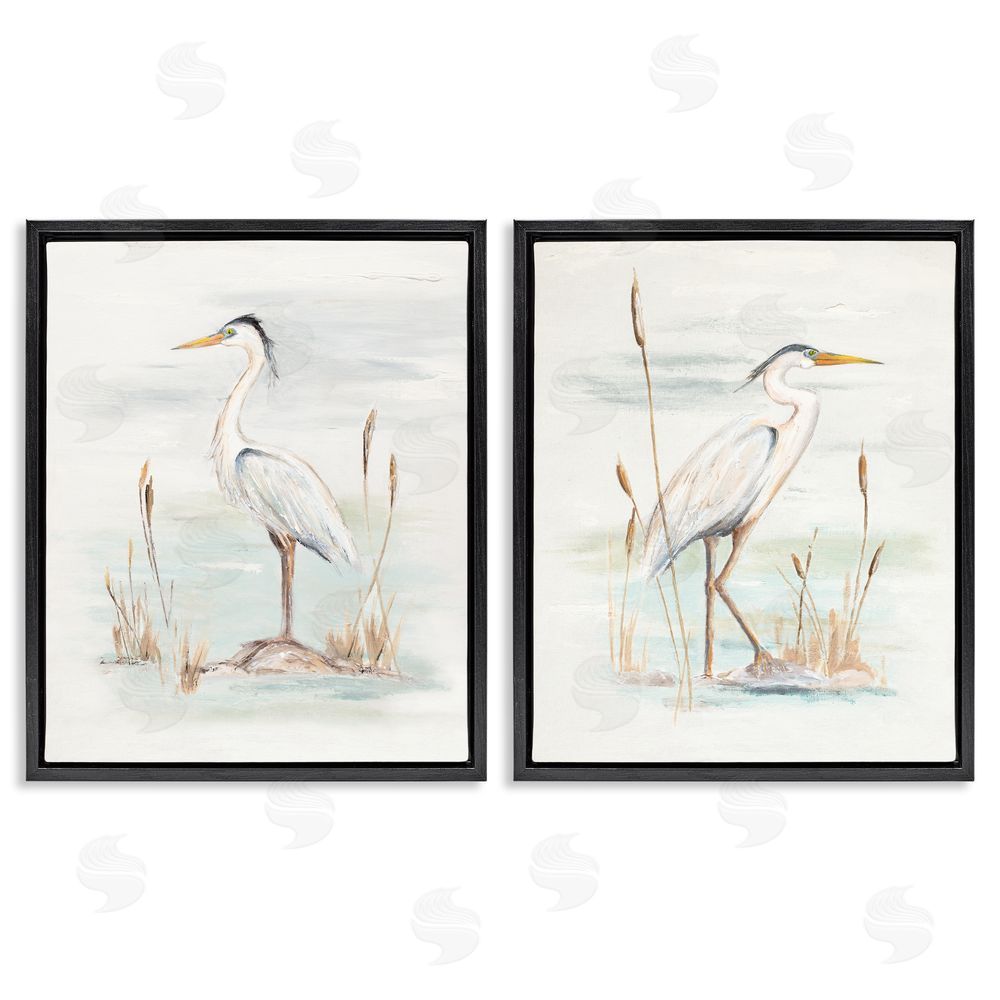 Patricia Pinto Elegant Heron Birds Cattails Plants In Water  Black Floating Frame Canvas Wall Art Print