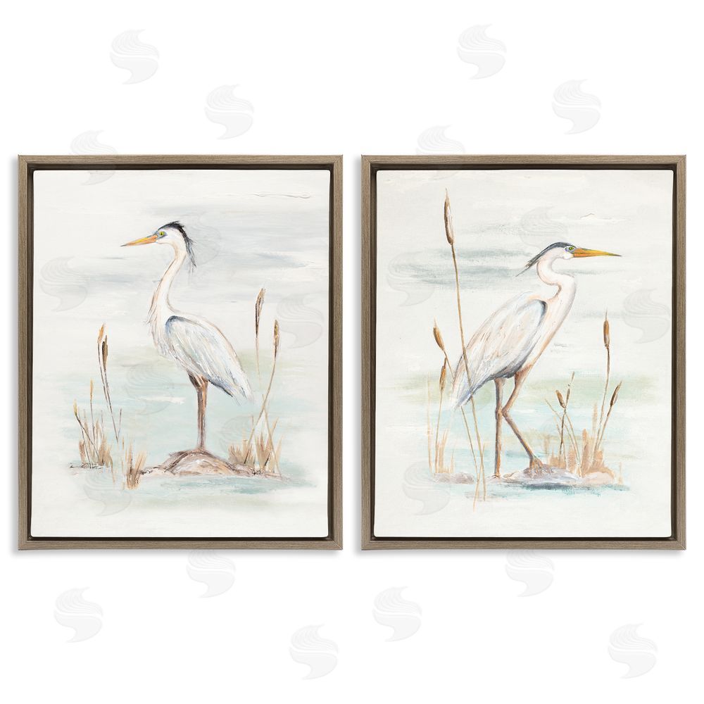 Patricia Pinto Elegant Heron Birds Cattails Plants In Water  Brown Floating Frame Canvas Wall Art Print