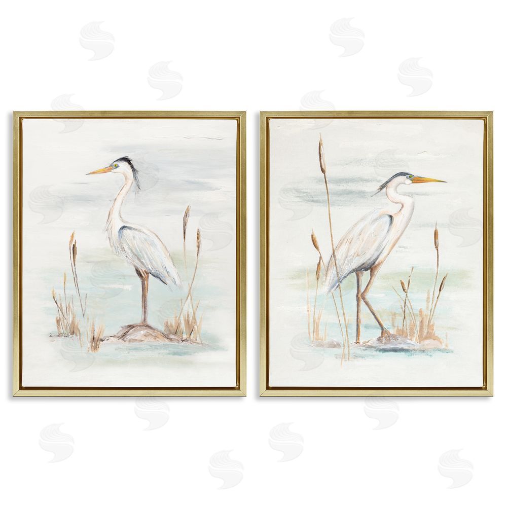 Patricia Pinto Elegant Heron Birds Cattails Plants In Water  Gold Floating Frame Canvas Wall Art Print