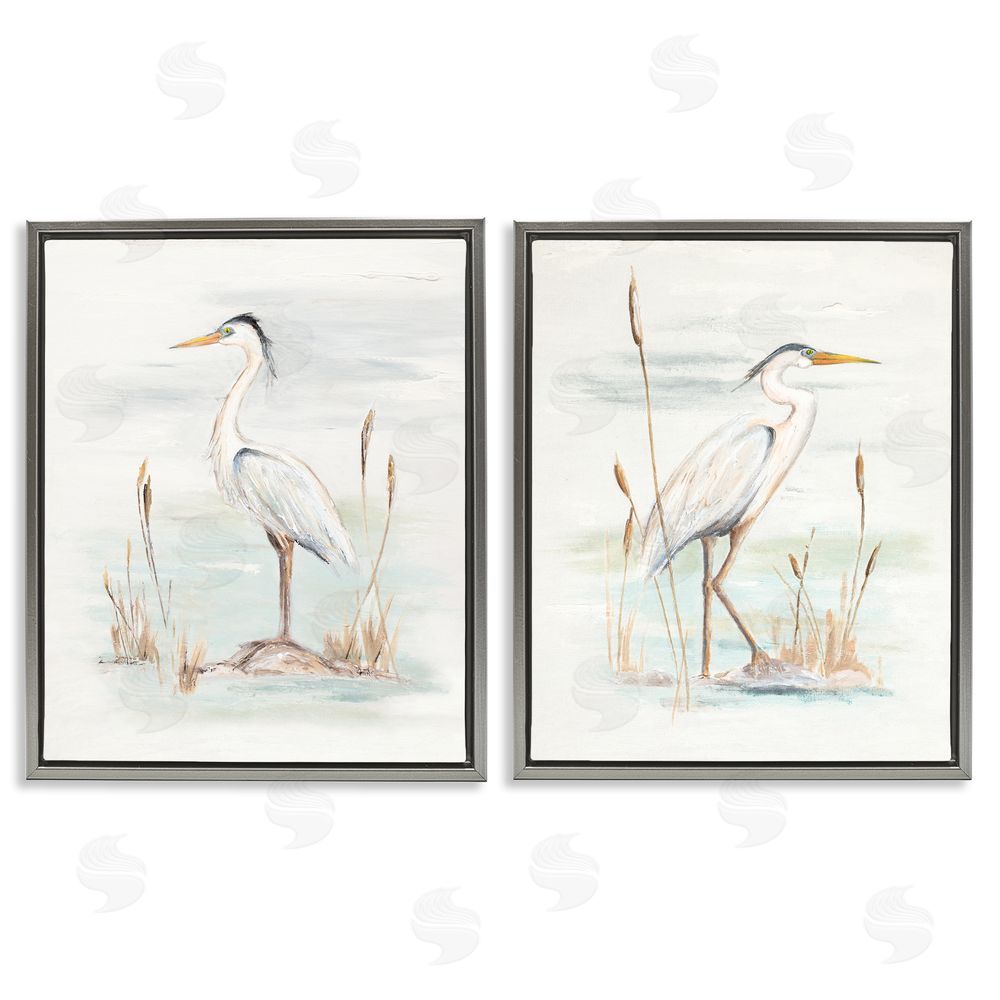 Patricia Pinto Elegant Heron Birds Cattails Plants In Water  Gray Floating Frame Canvas Wall Art Print