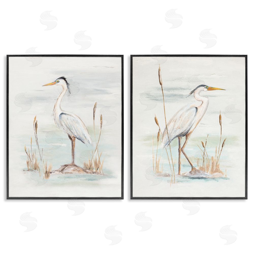 Patricia Pinto Elegant Heron Birds Cattails Plants In Water  Black Framed Giclee Wall Art Print