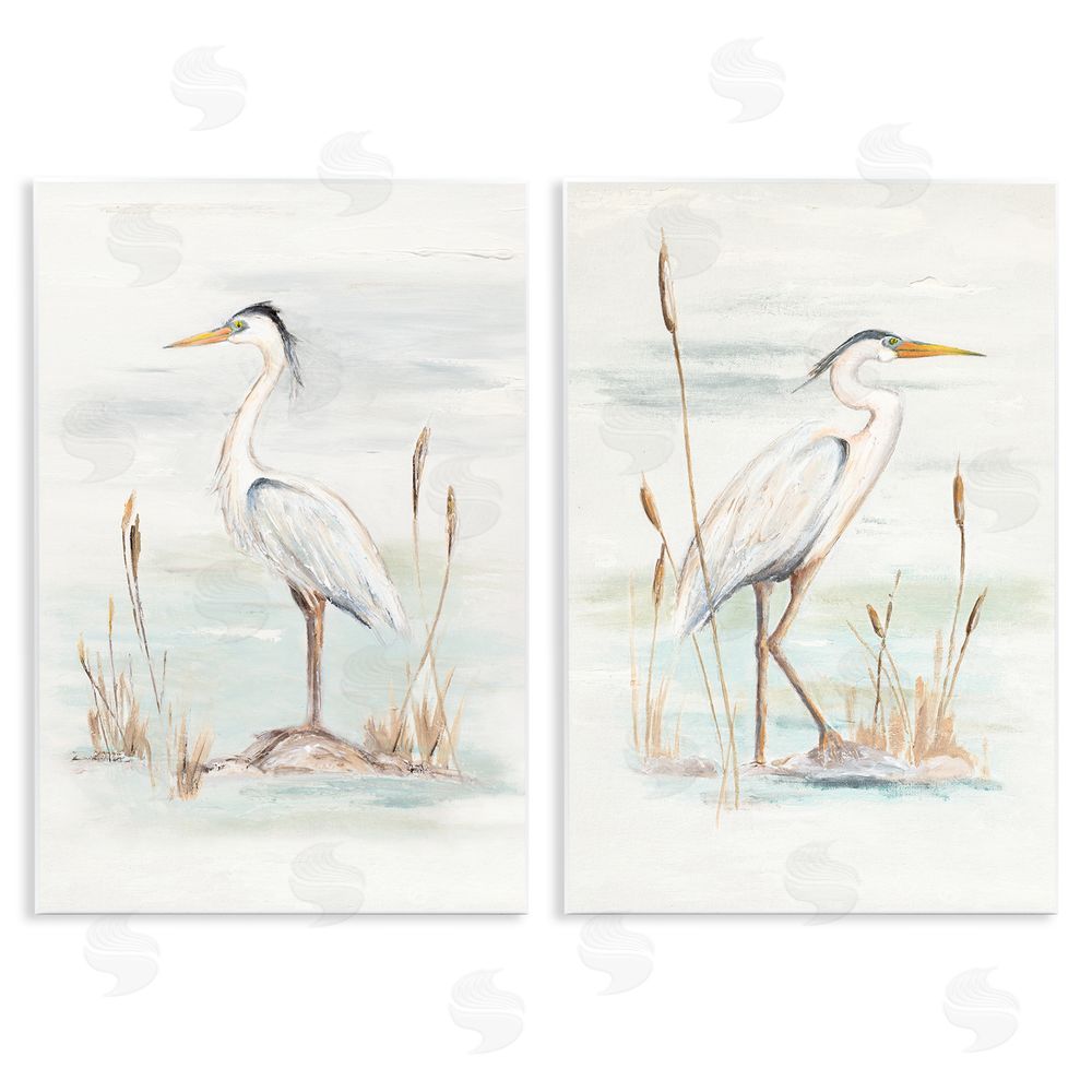 Patricia Pinto Elegant Heron Birds Cattails Plants In Water  Wooden Wall Plaque Art Print