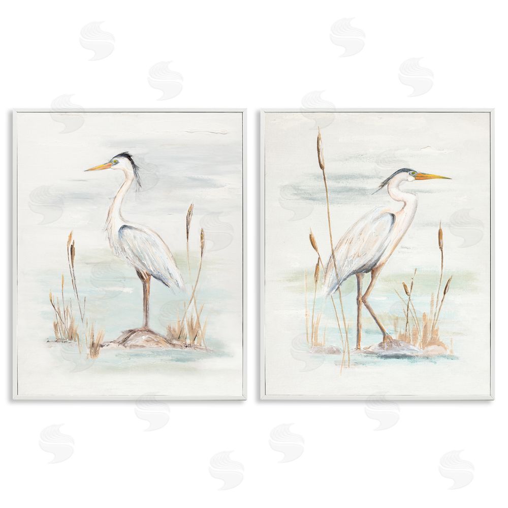 Patricia Pinto Elegant Heron Birds Cattails Plants In Water  White Framed Giclee Wall Art Print