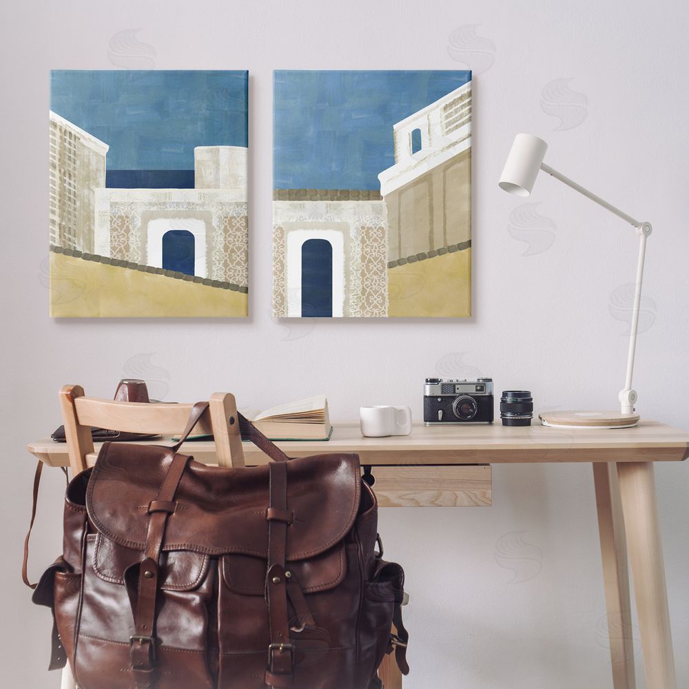 Flora Kouta Blocked Architecture Classic Tiled Building Canvas Wall Art Print in Room
