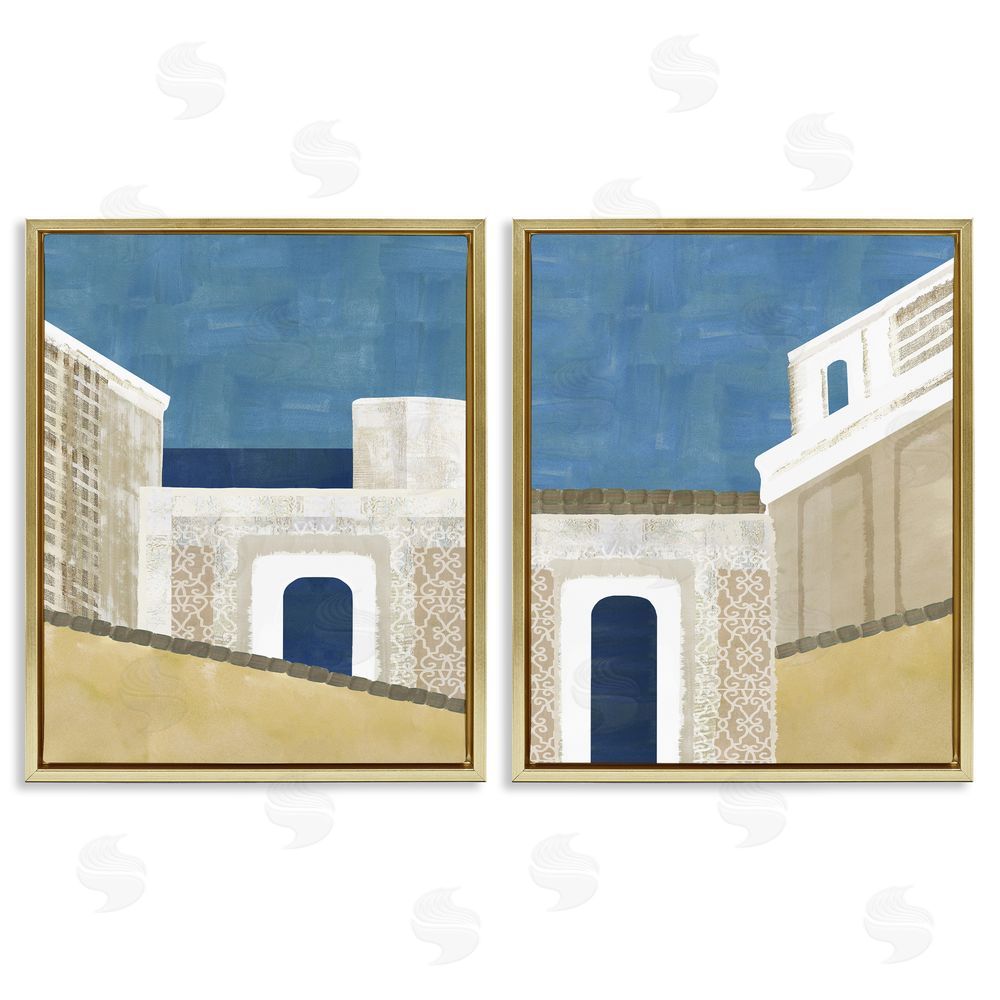Flora Kouta Blocked Architecture Classic Tiled Building Gold Floating Frame Canvas Wall Art Print