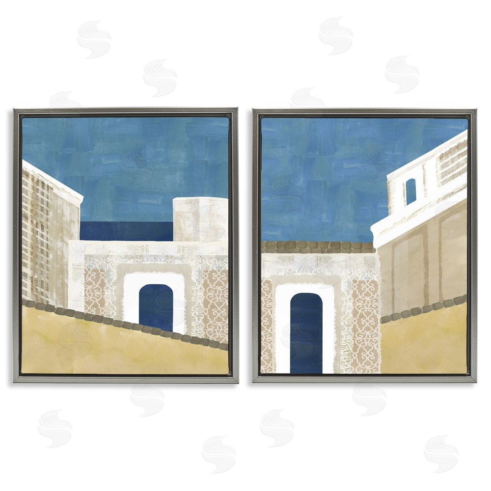 Flora Kouta Blocked Architecture Classic Tiled Building Gray Floating Frame Canvas Wall Art Print