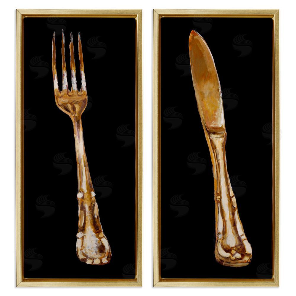 Adolf Llovea Vintage Patina Cutlery Fork Knife Kitchen Gold Floating Frame Canvas Wall Art Print