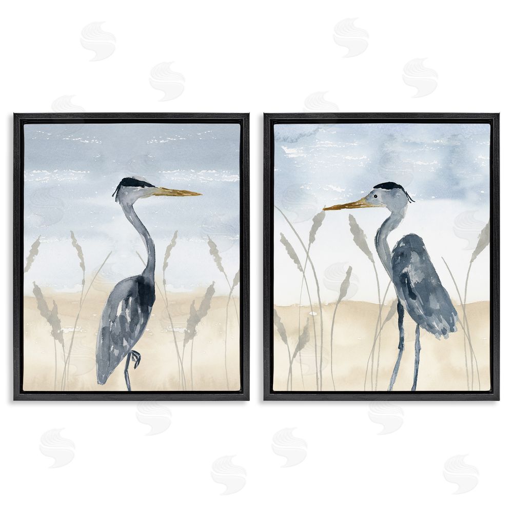 Lucille Price Egret Sea Birds Grazing Beach Seagrass  Black Floating Frame Canvas Wall Art Print