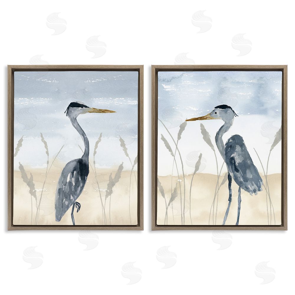 Lucille Price Egret Sea Birds Grazing Beach Seagrass  Brown Floating Frame Canvas Wall Art Print