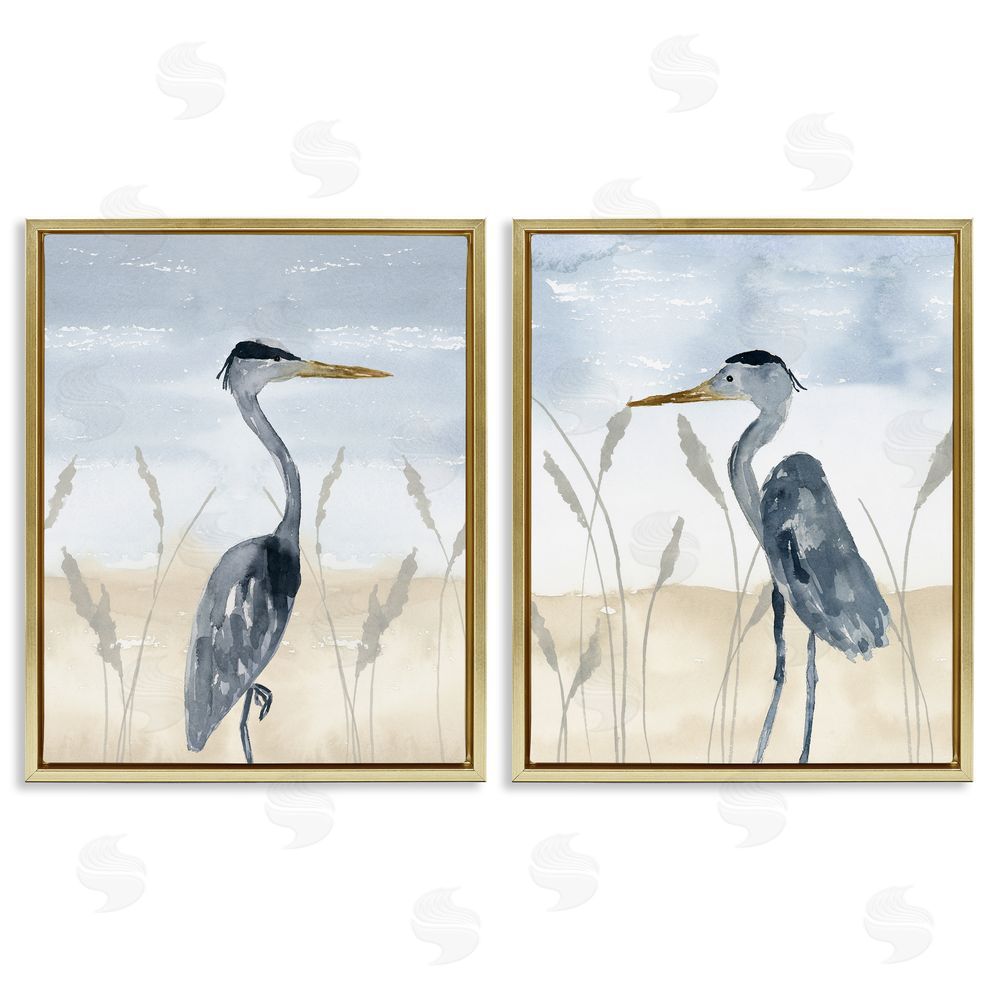 Lucille Price Egret Sea Birds Grazing Beach Seagrass  Gold Floating Frame Canvas Wall Art Print