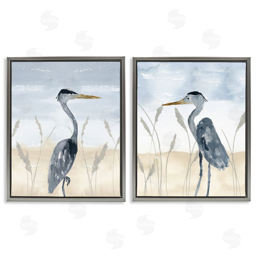 Lucille Price Egret Sea Birds Grazing Beach Seagrass  Gray Floating Frame Canvas Wall Art Print