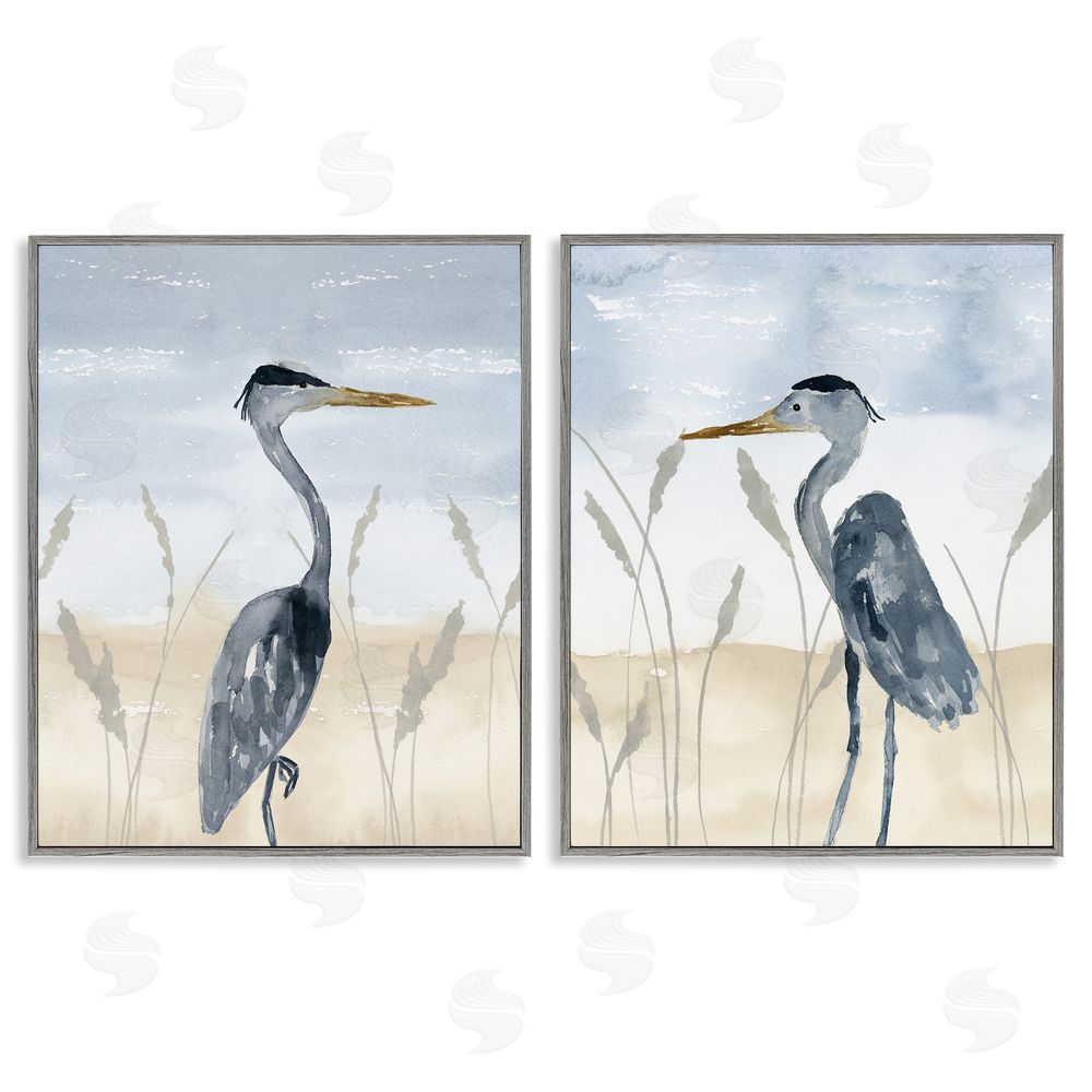 Lucille Price Egret Sea Birds Grazing Beach Seagrass  Gray Framed Giclee Wall Art Print