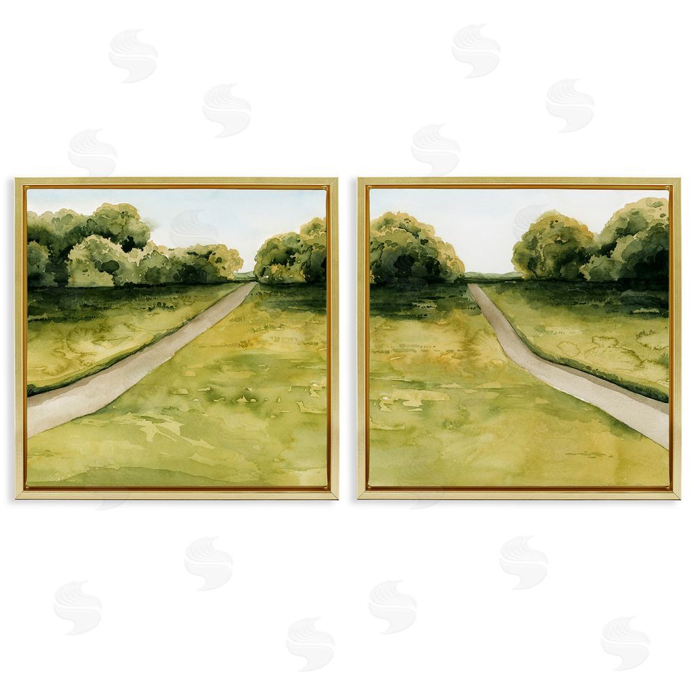 Grace Popp Distant Rural Path Greenery Gold Floating Frame Canvas Wall Art Print