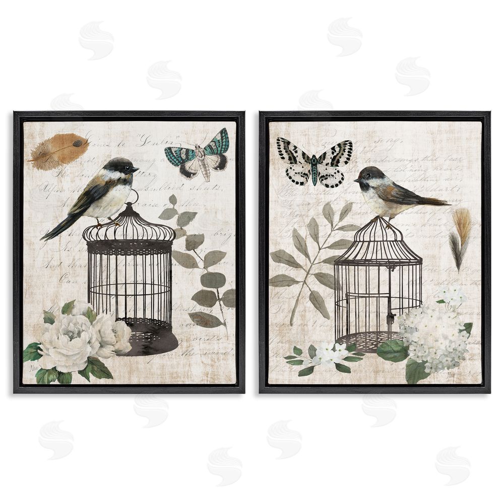 Nan Vintage Bird Cage with Timeless Cursive Black Floating Frame Canvas Wall Art Print