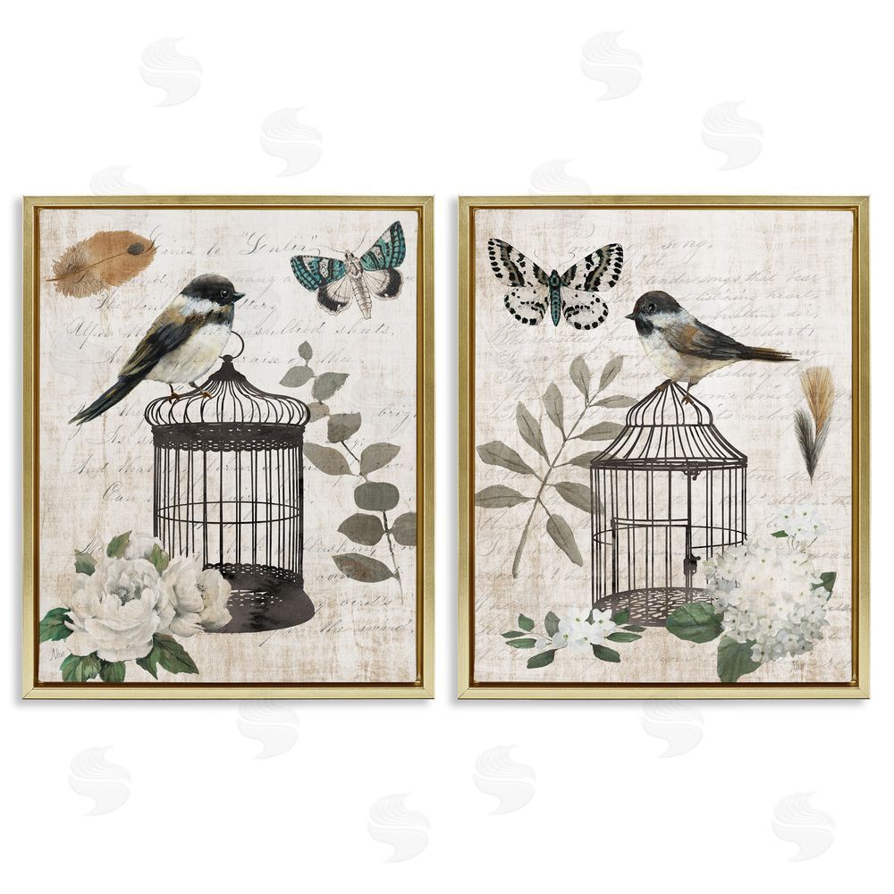 Nan Vintage Bird Cage with Timeless Cursive Gold Floating Frame Canvas Wall Art Print