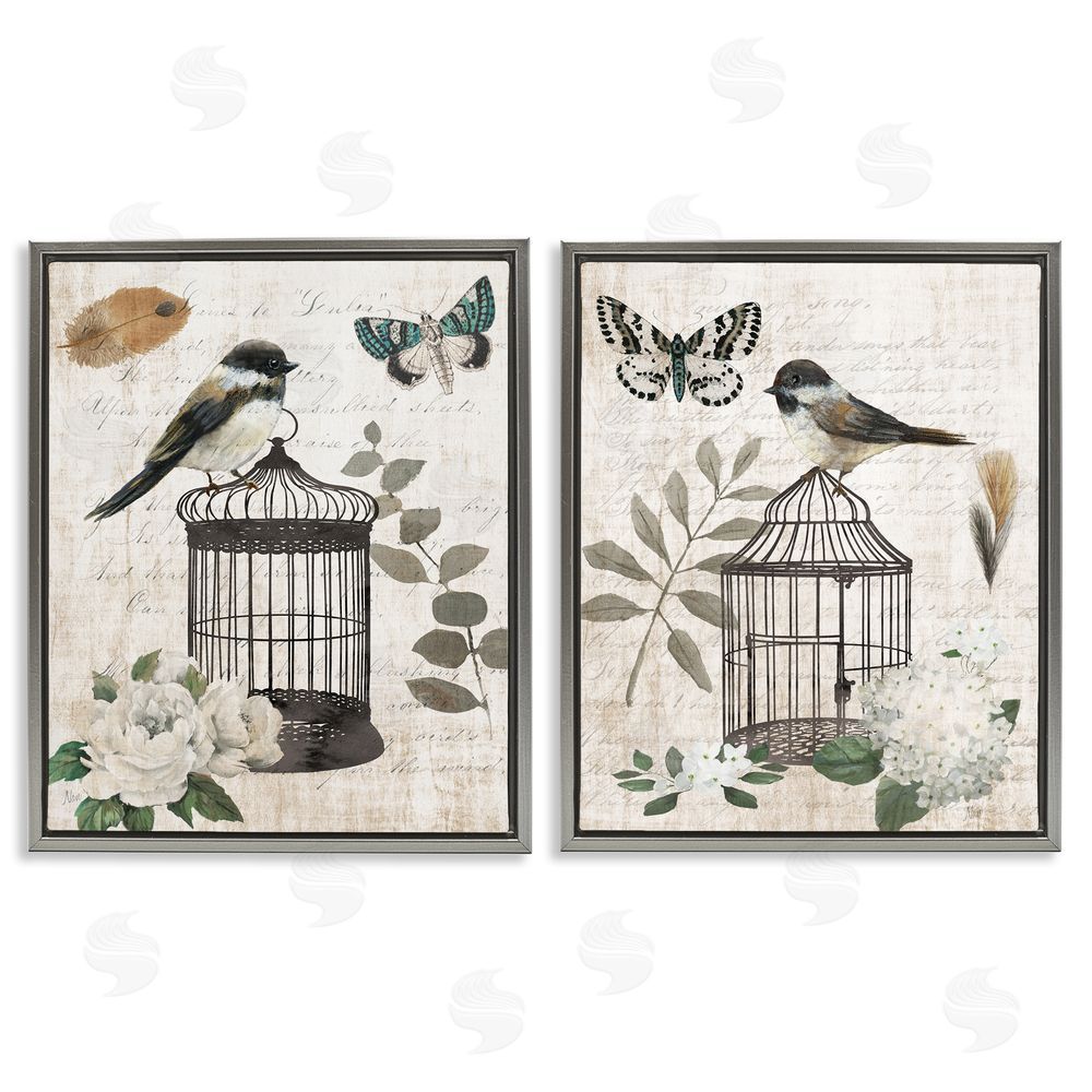 Nan Vintage Bird Cage with Timeless Cursive Gray Floating Frame Canvas Wall Art Print