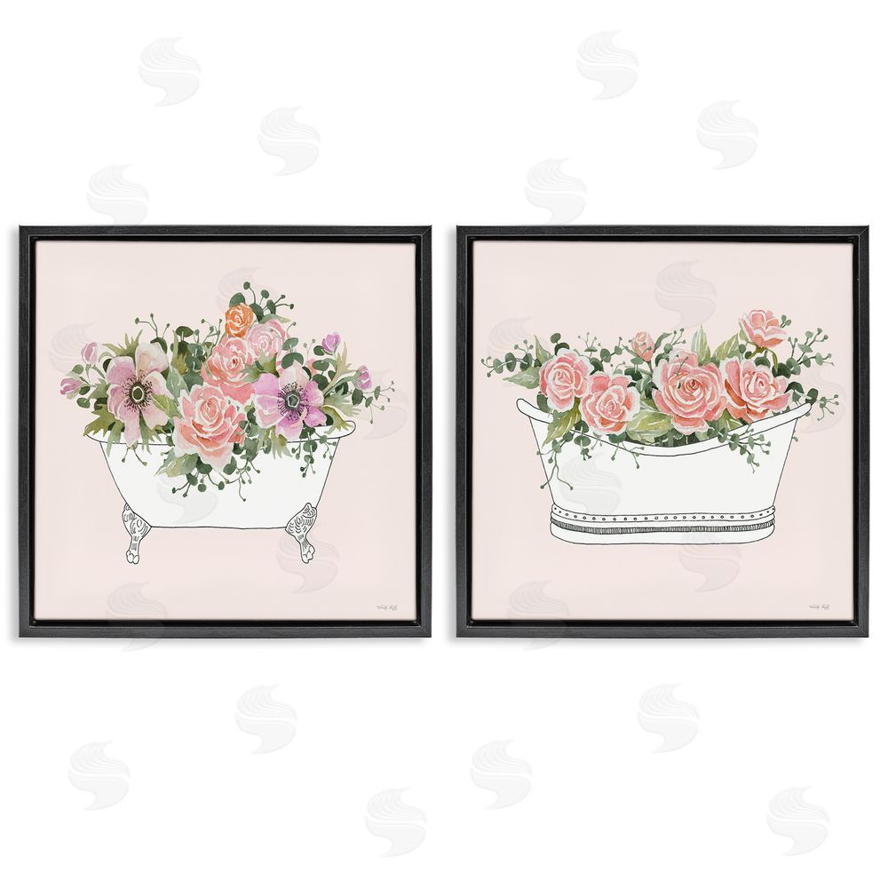 Cindy Jacobs Pink Floral Rose Blooms Bathtub Botanicals Black Floating Frame Canvas Wall Art Print
