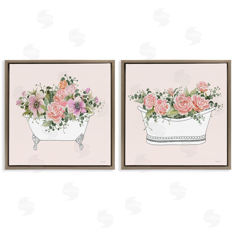 Cindy Jacobs Pink Floral Rose Blooms Bathtub Botanicals Brown Floating Frame Canvas Wall Art Print