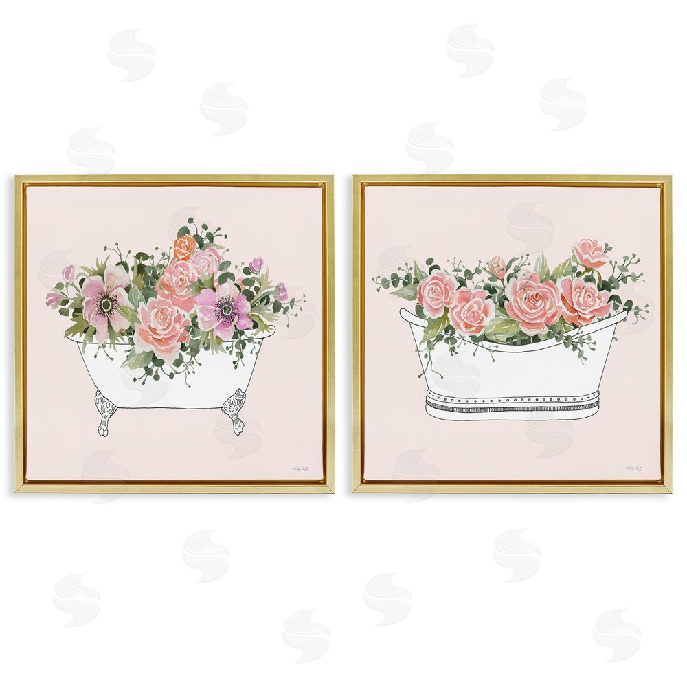 Cindy Jacobs Pink Floral Rose Blooms Bathtub Botanicals Gold Floating Frame Canvas Wall Art Print