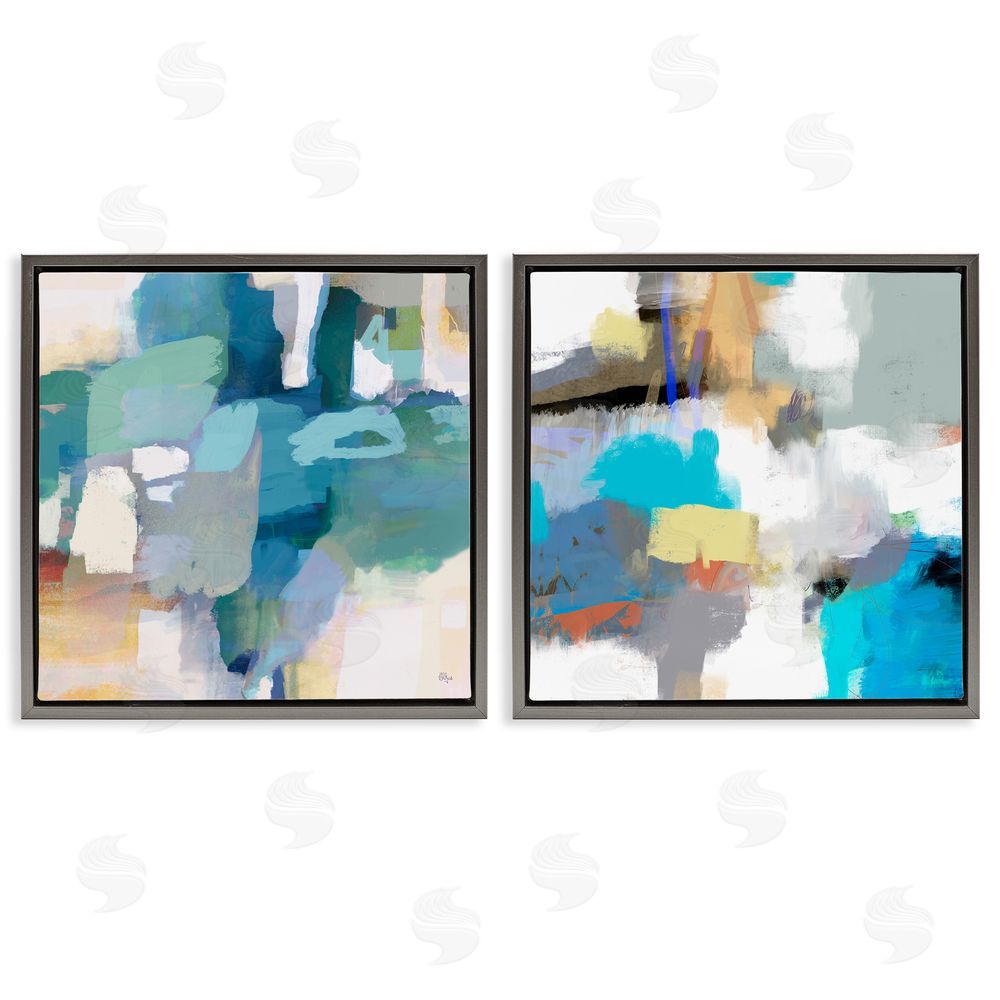 Lisa Ridgers Modern Blocked Brush Strokes Collage Gray Floating Frame Canvas Wall Art Print