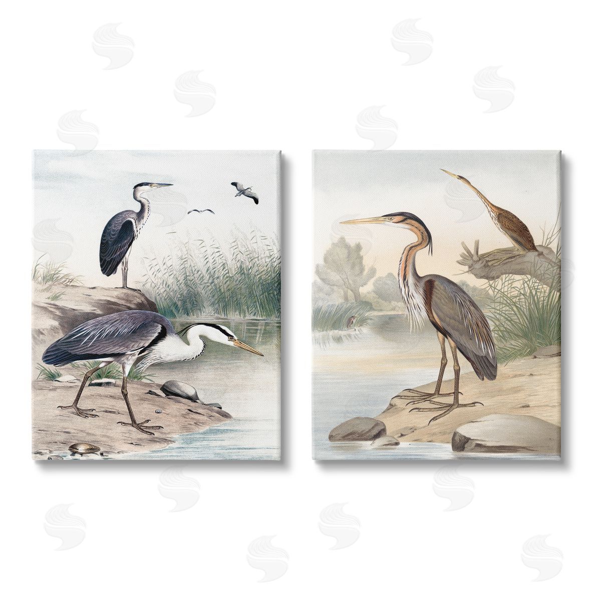 Piddix Elegant Heron Birds Foraging River Edge Canvas Wall Art Print