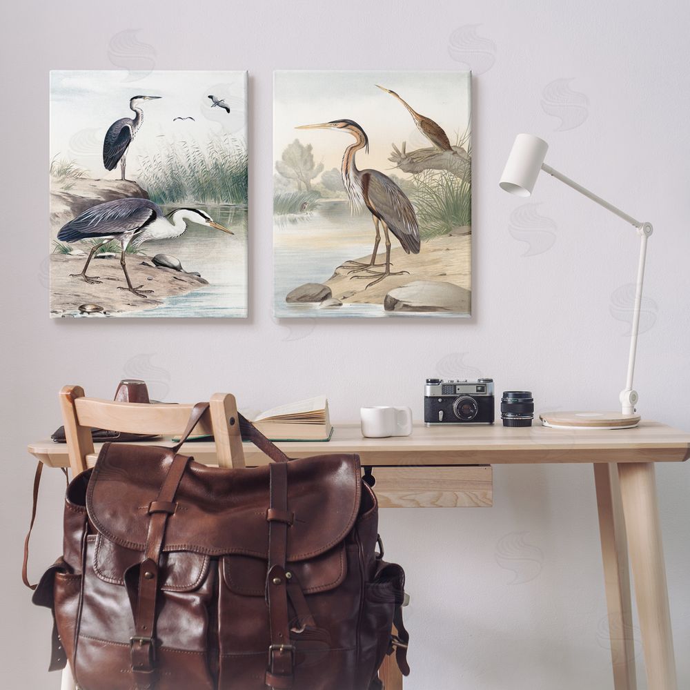 Piddix Elegant Heron Birds Foraging River Edge Canvas Wall Art Print in Room