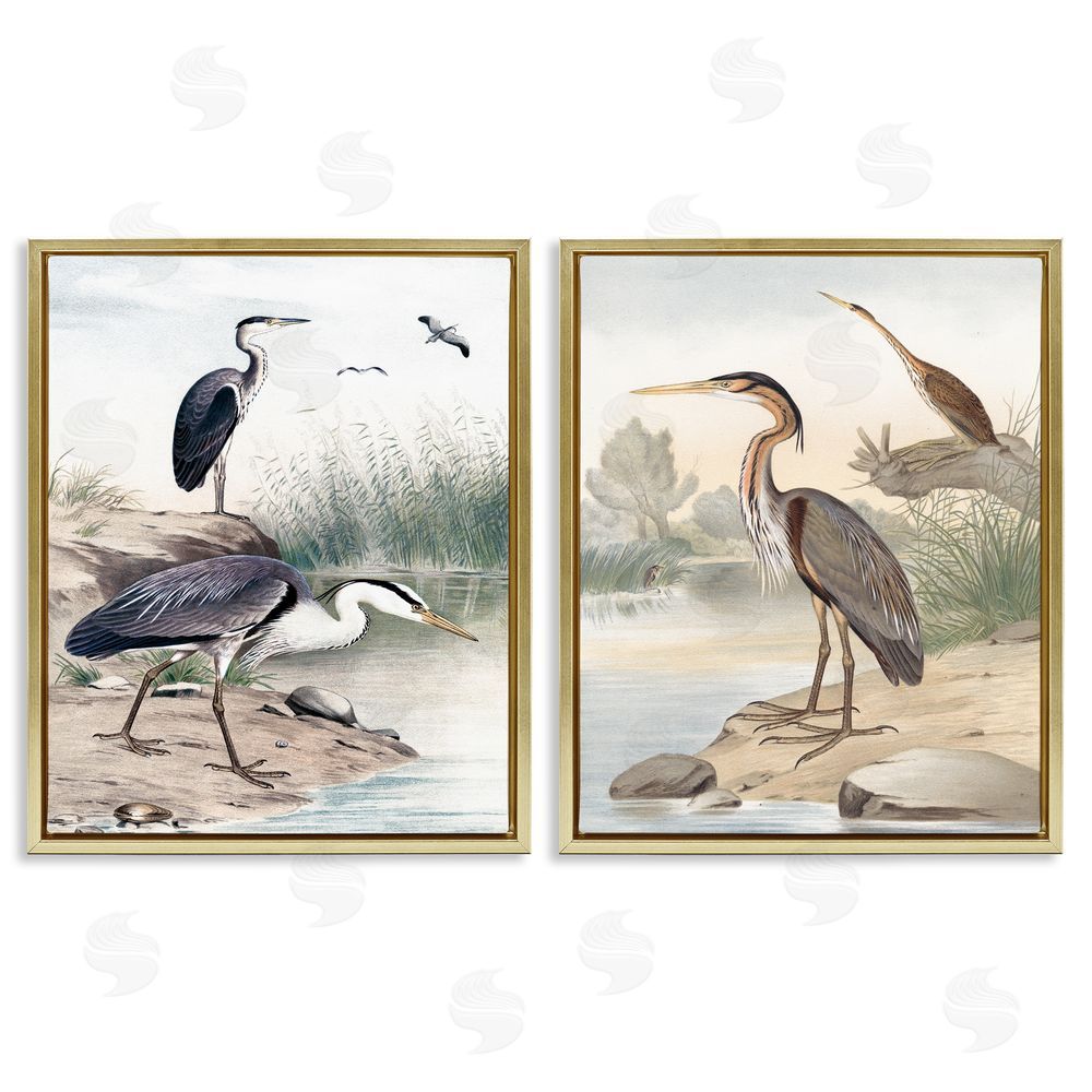 Piddix Elegant Heron Birds Foraging River Edge Gold Floating Frame Canvas Wall Art Print