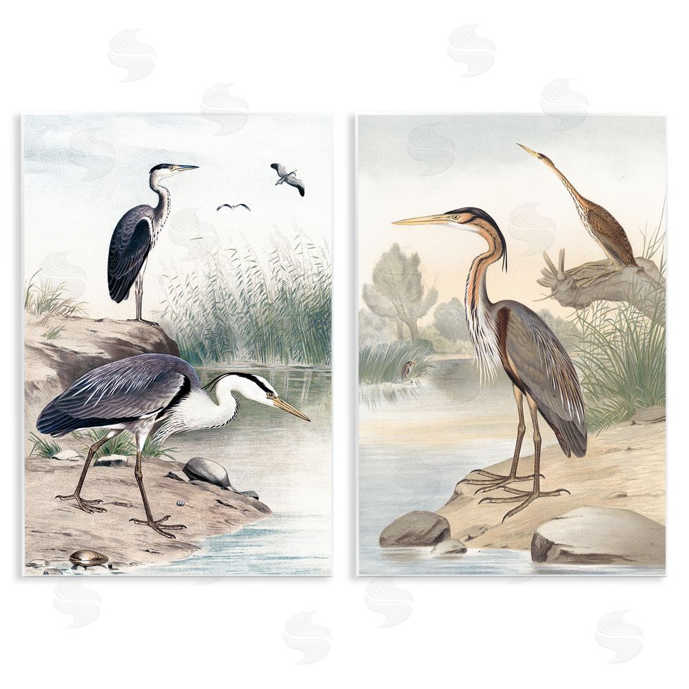 Piddix Elegant Heron Birds Foraging River Edge Wooden Wall Plaque Art Print