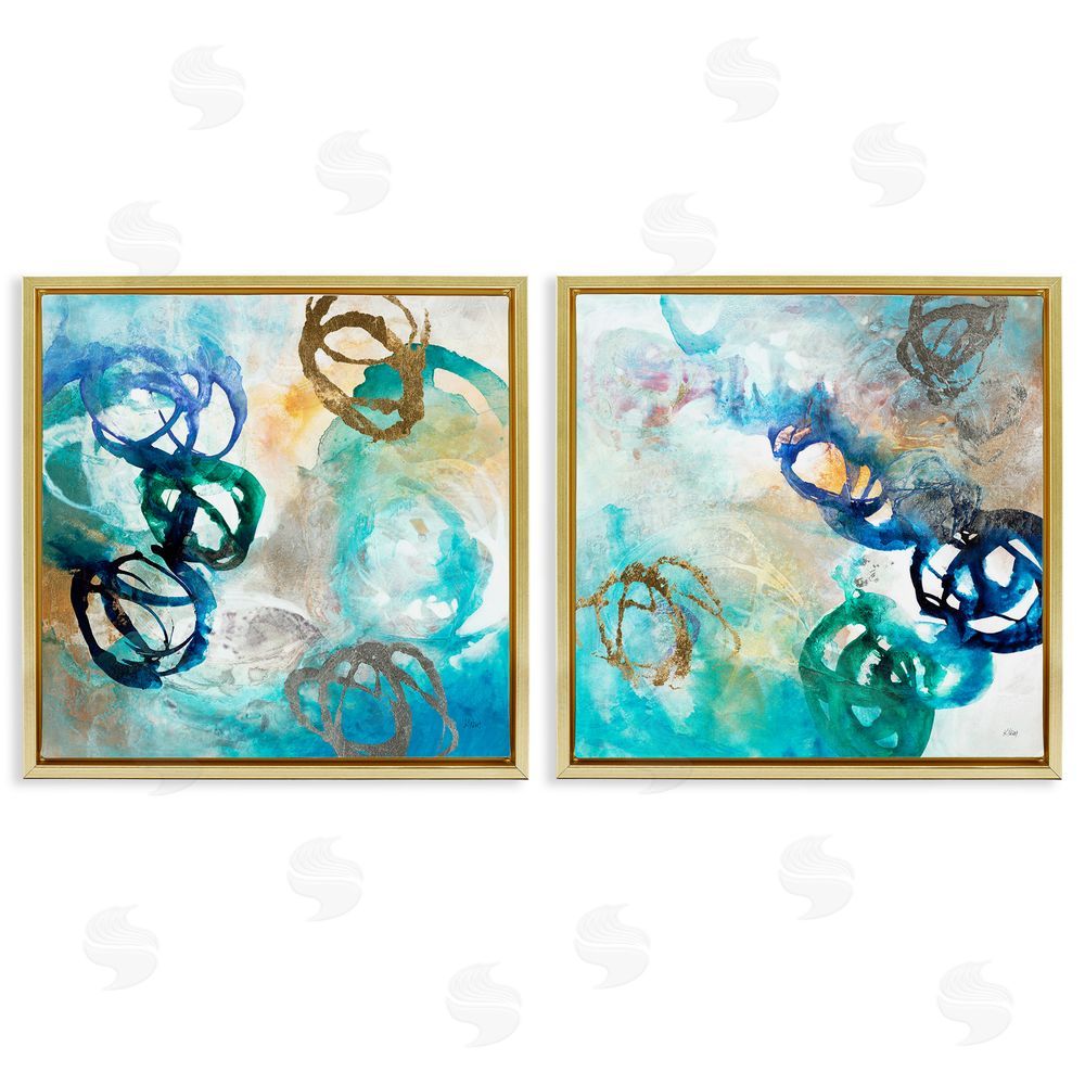 K. Nari Modern Shapes Overlay Painting Marine Blue Tones Gold Floating Frame Canvas Wall Art Print