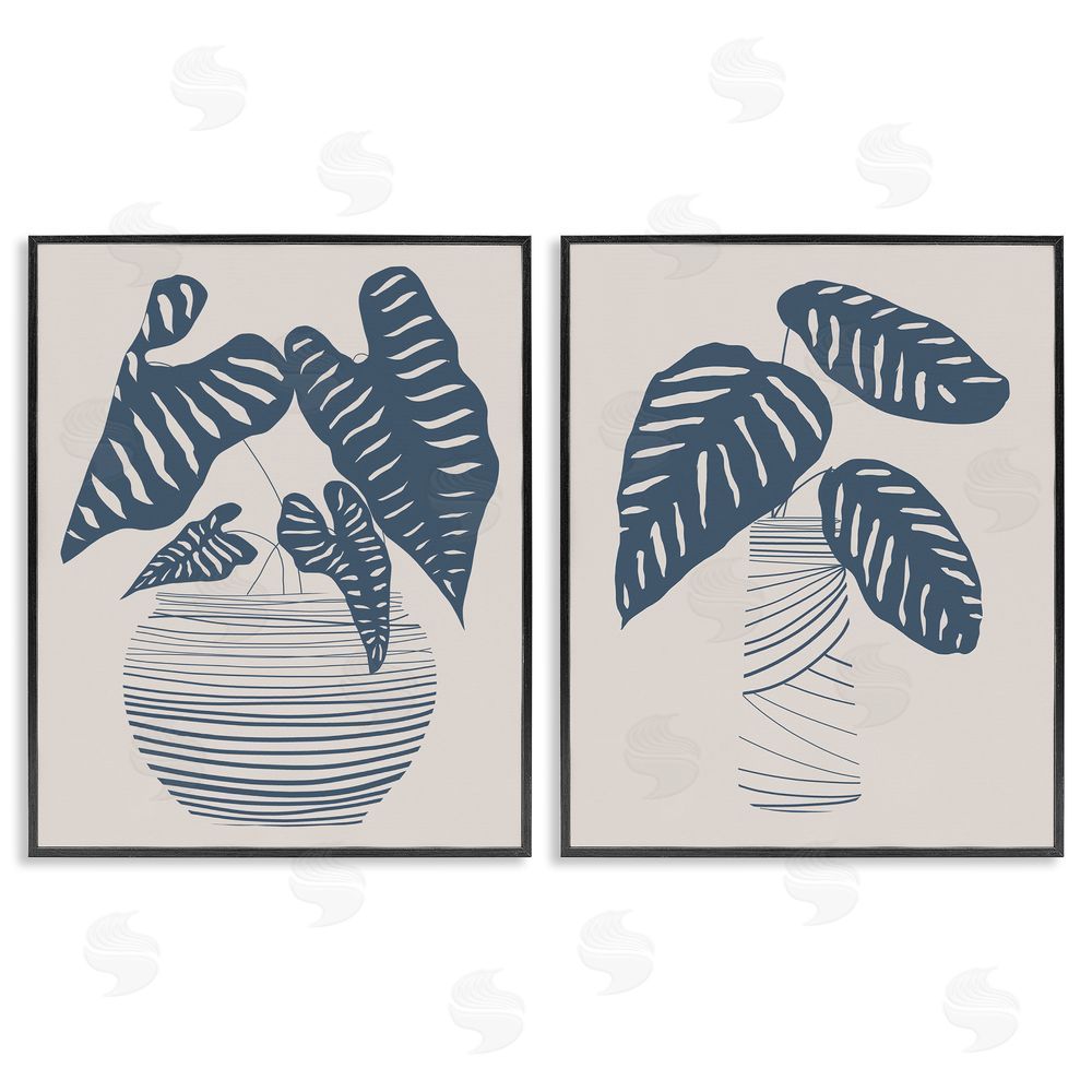 Daniela Santiago Neat Potted Plant Leaves Minimal Striped Vases Black Framed Giclee Wall Art Print