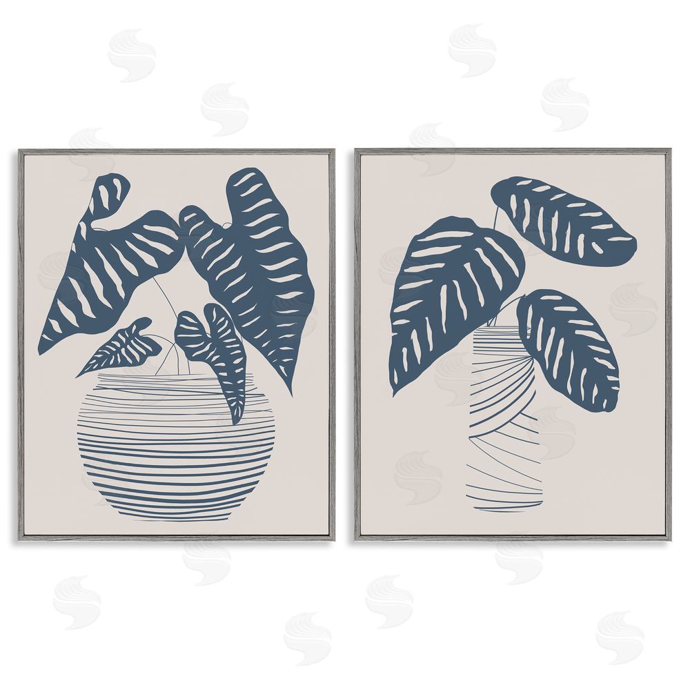 Daniela Santiago Neat Potted Plant Leaves Minimal Striped Vases Gray Framed Giclee Wall Art Print