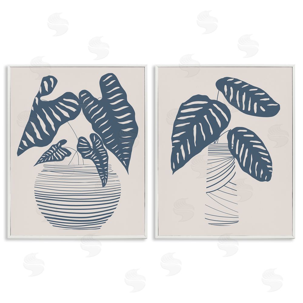 Daniela Santiago Neat Potted Plant Leaves Minimal Striped Vases White Framed Giclee Wall Art Print
