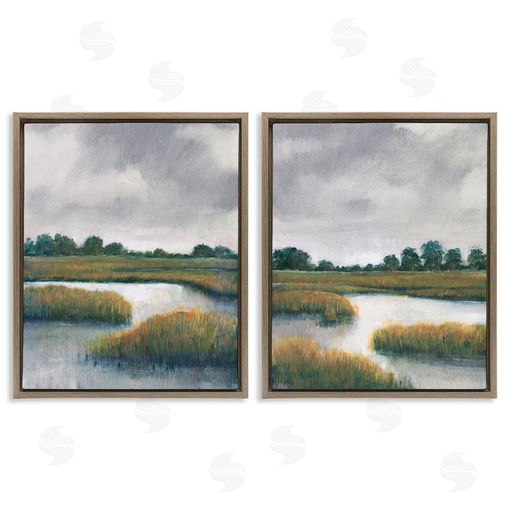 Tim O'Toole Grassy Rural Marshland Landscape Brown Floating Frame Canvas Wall Art Print