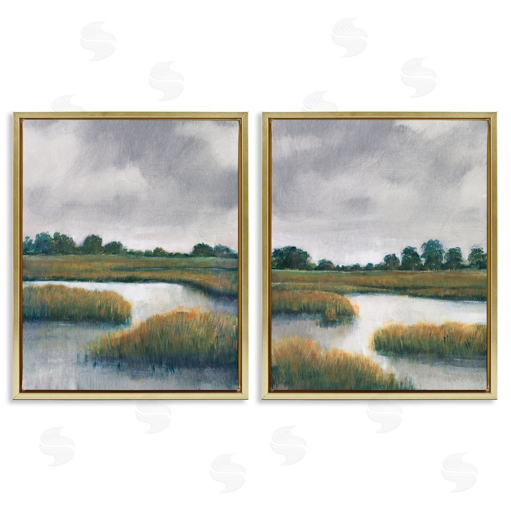 Tim O'Toole Grassy Rural Marshland Landscape Gold Floating Frame Canvas Wall Art Print