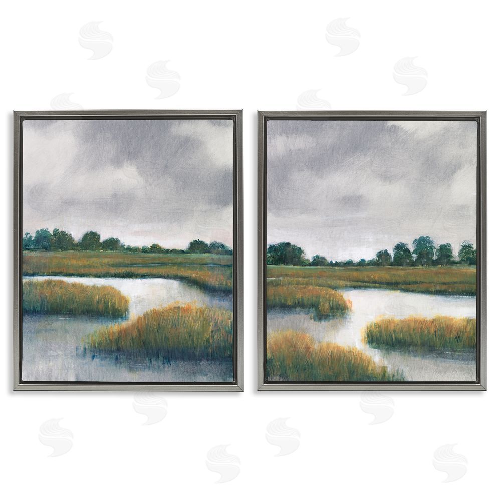 Tim O'Toole Grassy Rural Marshland Landscape Gray Floating Frame Canvas Wall Art Print