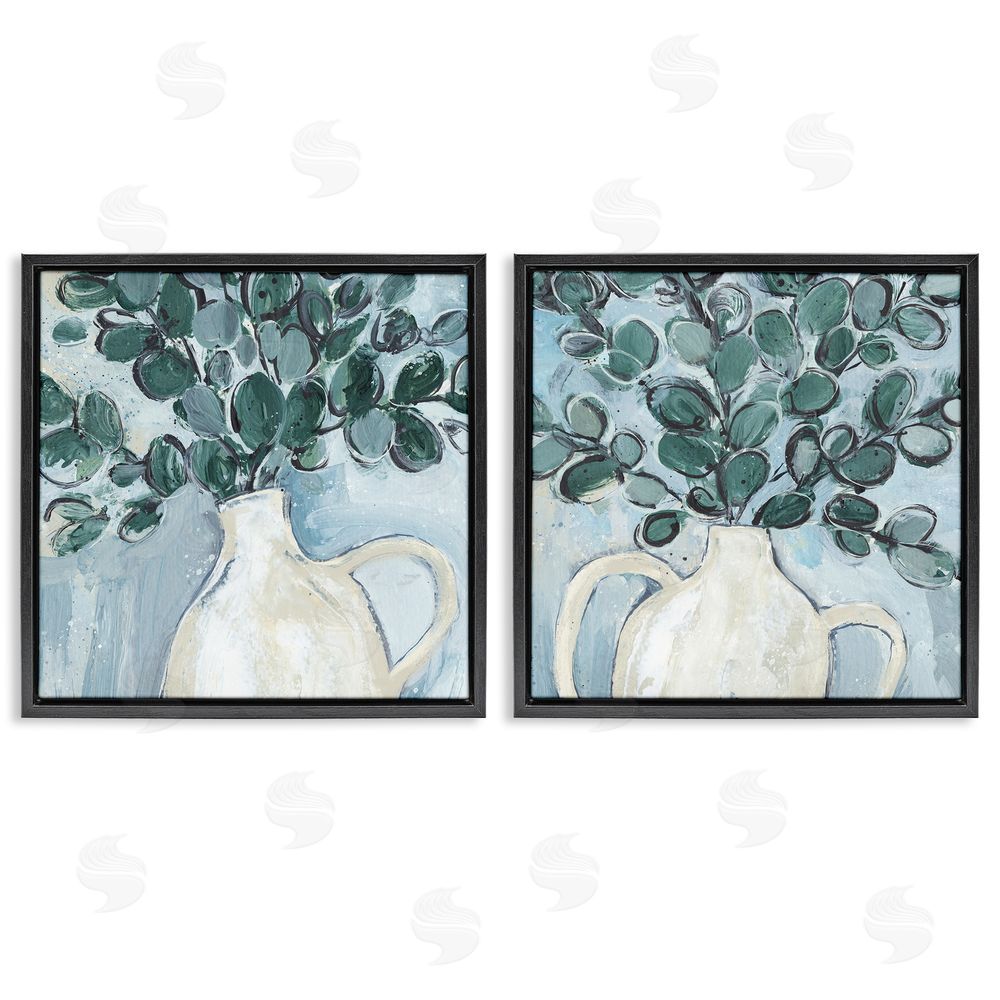 Annie Warren Contemporary Eucalyptus Herb Vase Black Floating Frame Canvas Wall Art Print