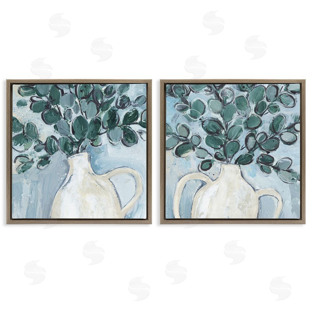 Annie Warren Contemporary Eucalyptus Herb Vase Brown Floating Frame Canvas Wall Art Print