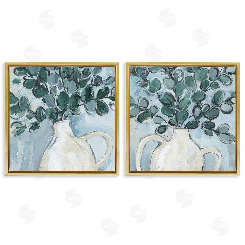 Annie Warren Contemporary Eucalyptus Herb Vase Gold Floating Frame Canvas Wall Art Print