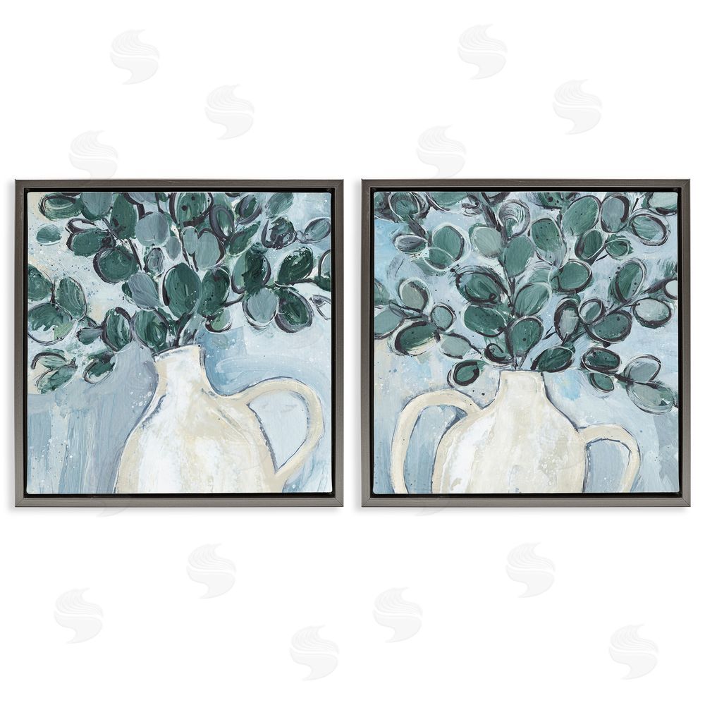 Annie Warren Contemporary Eucalyptus Herb Vase Gray Floating Frame Canvas Wall Art Print
