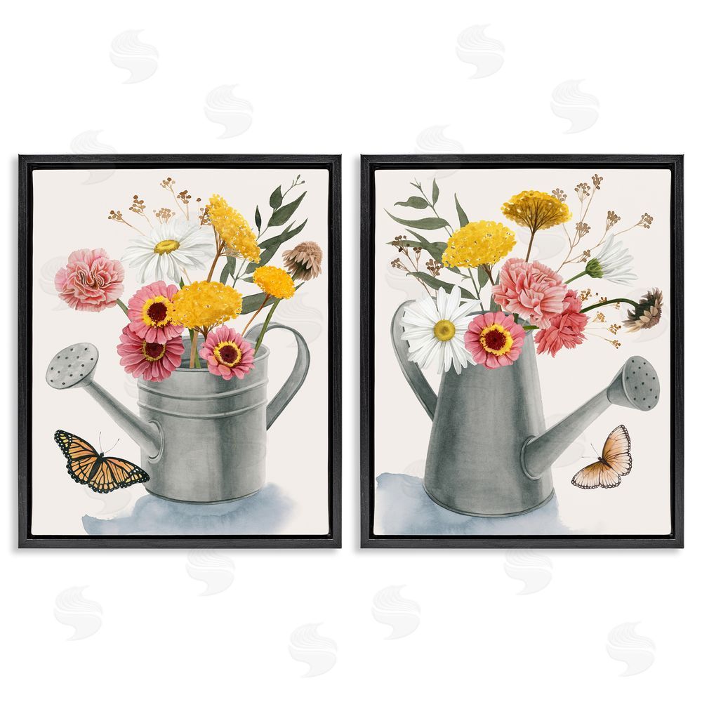 Grace Popp Country Garden Botanical Watering Cans Black Floating Frame Canvas Wall Art Print