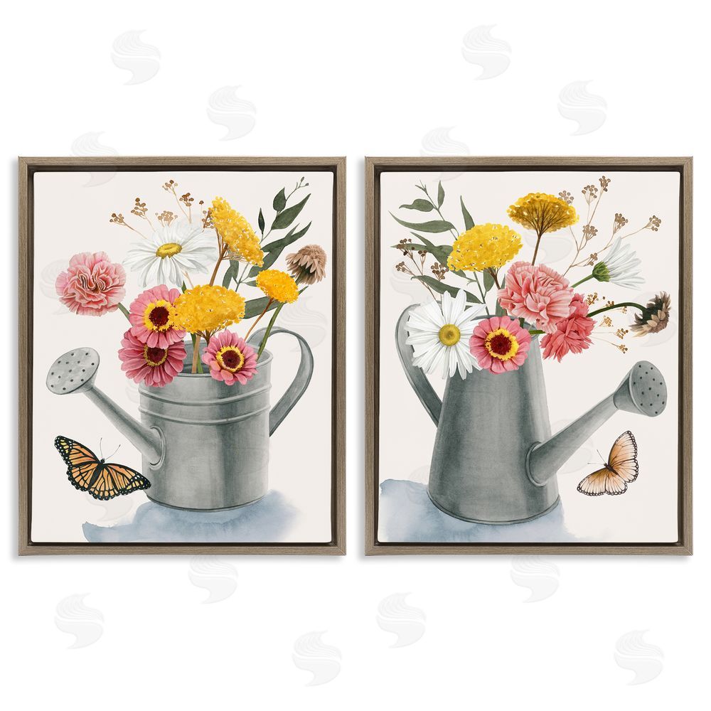 Grace Popp Country Garden Botanical Watering Cans Brown Floating Frame Canvas Wall Art Print
