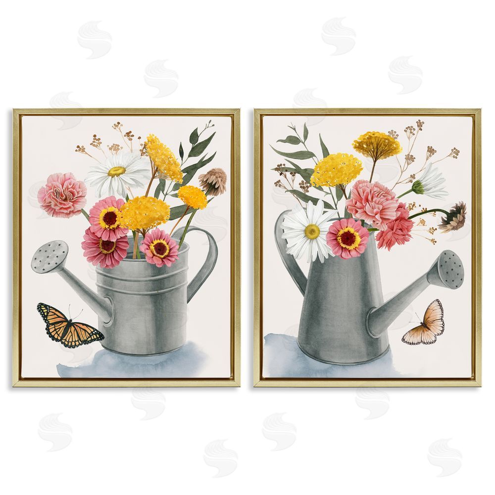 Grace Popp Country Garden Botanical Watering Cans Gold Floating Frame Canvas Wall Art Print