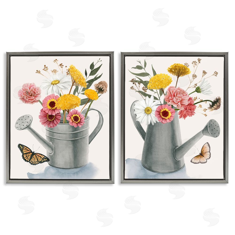 Grace Popp Country Garden Botanical Watering Cans Gray Floating Frame Canvas Wall Art Print
