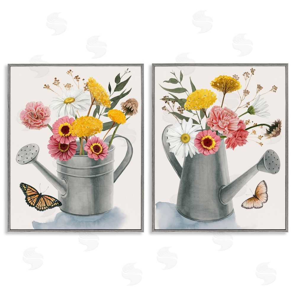 Grace Popp Country Garden Botanical Watering Cans Gray Framed Giclee Wall Art Print