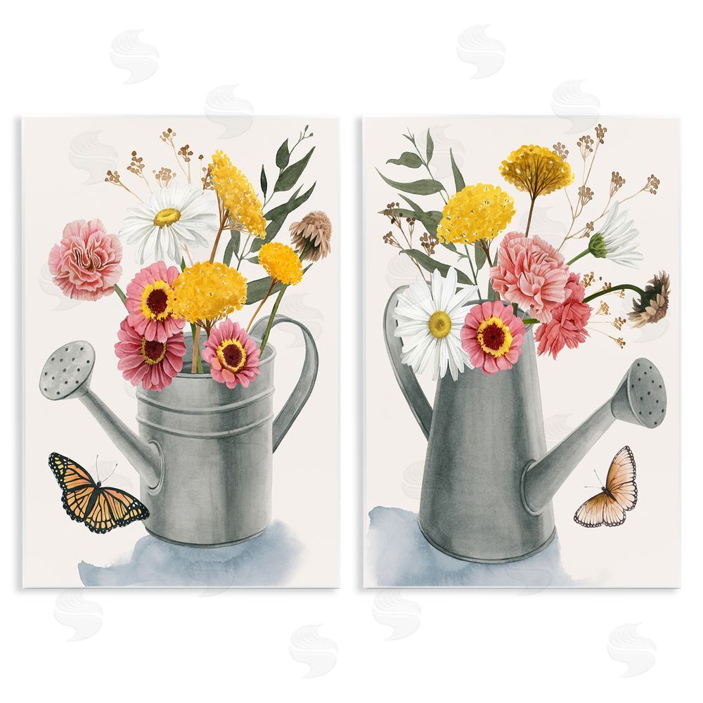 Grace Popp Country Garden Botanical Watering Cans Wooden Wall Plaque Art Print
