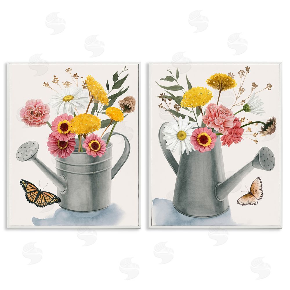 Grace Popp Country Garden Botanical Watering Cans White Framed Giclee Wall Art Print