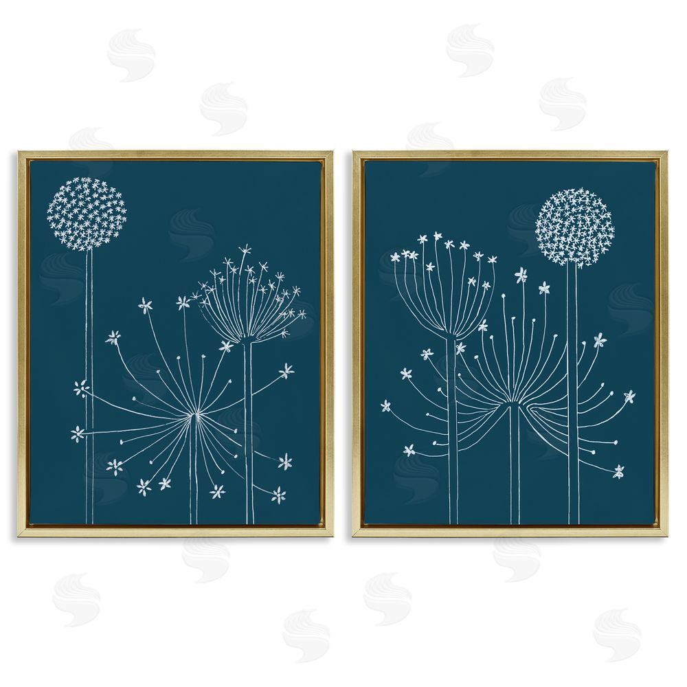 Alicia Longley Blooming Dandelions Line Drawing Gold Floating Frame Canvas Wall Art Print