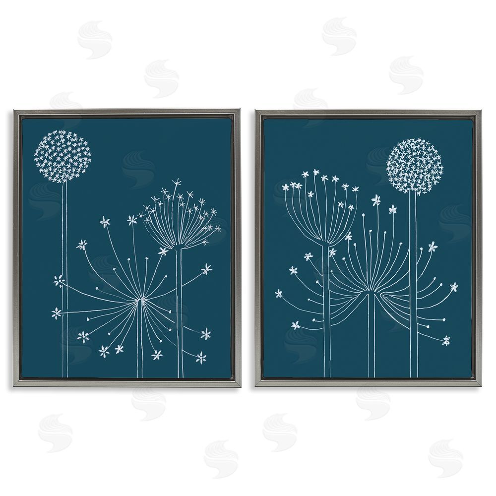 Alicia Longley Blooming Dandelions Line Drawing Gray Floating Frame Canvas Wall Art Print
