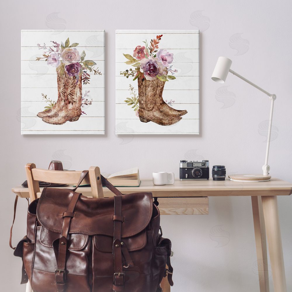 Nina Blue Country Floral Boho Boots Canvas Wall Art Print in Room